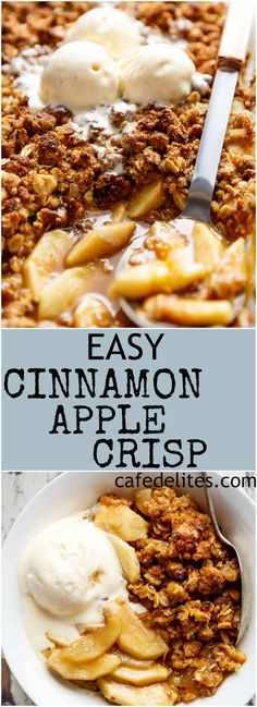 an apple crisp with ice cream and cinnamon on top is shown in this collage