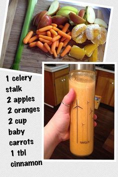 a person holding a glass with carrots and celery in it next to an orange smoothie