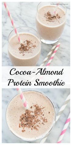 two glasses filled with cocoa - almond protein smoothie