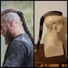 "This hairpiece is made of synthetic braided hair and has leatherlike wraps. The piece measures approximately 23\" from front to end of ponytail and the top is 5.5\" wide( individual pieces WILL vary) Perfect for Larp, cosplay renaissance costume. It's available with a SELF-ADHESIVE silicone pad which sticks to clean dry scalp... or...CLIPS to attach to your hair.   **PLEASE NOTE If your need clips please send photos, front and side of your hairline for a perfect fit. Perspiration may cause  sil Viking Leather Hair Wrap, Viking Hair Men, Viking Wig, Older Mens Long Hairstyles, Warrior Battle, Catwalk Hair, Vikings Svg, Viking Aesthetic, Viking Cosplay