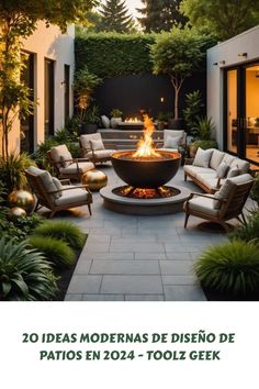 an outdoor fire pit surrounded by plants and chairs with the words 20 ideas modernas de diseno de patios en 2012 - toolz geek