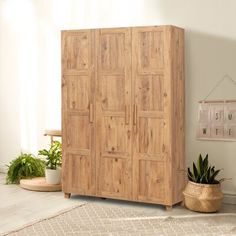 a large wooden cabinet sitting in a living room next to a potted plant on top of a rug