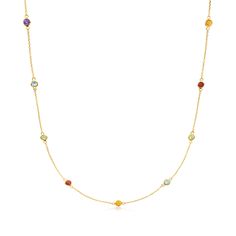 Ross-Simons - .80ct t. w. Multi-Gemstone Station Necklace in 14kt Yellow Gold. 16". RS Pure. Modern designs that complete your outfit and complement your personality. Every layered look needs a pop of color! This dainty necklace features .80 ct. tot. gem wt. garnet, peridot, blue topaz, amethyst and citrine rounds stationed along a rope chain. The delicate 14kt yellow gold necklace is a lively addition to any wardrobe. Includes a 2" extender. Springring clasp, multi-gemstone station necklace. Ga Classic Round Multi-stone Necklaces, 14k Gold Yellow Gold Necklace With Stones, Elegant Gold Multi-stone Birthstone Necklace, Classic Gold Multi-stone Necklace, Multi Gemstone Necklace, Peridot Color, Topaz Color, Peridot Stone, Amethyst Color