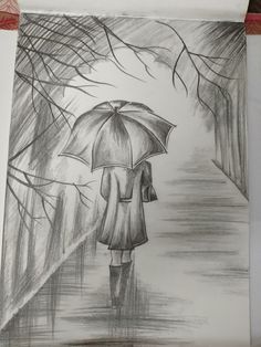 a drawing of a person walking down a path with an umbrella in the rain,