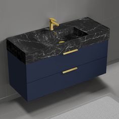 Wall mount bathroom vanities. Floating vanity, wall hung bath vanity. Modern bathroom vanities by Nameeks. Modern Bathroom Vanity With Black Marble Design Sink, Wall Mount, 48 Inch , Night Blue. Bath Vanity Vanity cabinet made of engineered wood. Black marble design ceramic sink. Cabinet features water resistant exterior panels. Vanity cabinet in night blue finish. Matte gold cabinet handles. Cabinet features 2 soft-closing drawers. Faucet not included. Perfect for modern bathrooms. Ceramic sink features counter space. Includes manufacturer 1 year warranty. Sink black marble design veins variations are to be expected. Please note: sink is made out of ceramic not marble. Nameeks Derin by Nameek's. SKU: Nameeks DERIN946. Blue Bath Vanity, Brushed Nickel Bathroom Accessories, Bathroom Vanity Modern, Black Shower Faucet, Black Bathroom Sink, Exterior Panels, Gold Cabinet Handles, 24 Inch Bathroom Vanity, Vanity Modern