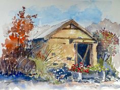 a watercolor painting of a house in the fall