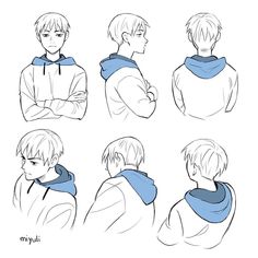 various poses of the head and shoulders of a man with his arms crossed, wearing a scarf