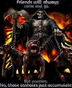 an image of a demon with two dogs in front of him and the devil on his back