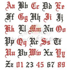 the upper and lowercase letters in gothic script are black, red, and white