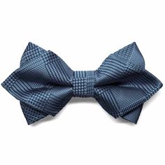 Exclusively ours! Go all out with this stylish pre-tied diamond tip bow tie. This classic dark blue glen plaid bow tie features elegant diamond tips in the front and traditional bow tips in the back. The adjustable band collar expands to fit most adult neck sizes. More bow tie styles for men and boys are available in this same pattern. Product Features • Bow measures approximately 5" across and 2.5" high on the ends • Adjustable for neck sizes approximately 12" to 21" • Made from 100% Polyester Mens Bowtie Pattern, Tie Styles For Men, Tie A Necktie, Dark Blue Plaid, Mens Bowtie, Groomsmen Gift Set, Bowtie Pattern, Traditional Bow, Bridal Party Outfit