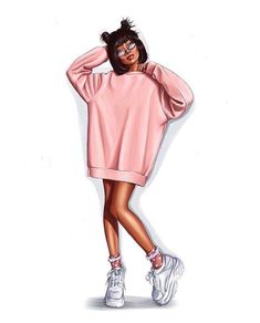 a drawing of a woman in pink sweater and sneakers