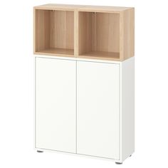 a white cabinet with two open doors