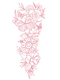 a line drawing of flowers and butterflies