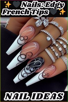 White Nail Tips With Design, Gel French Manicure Designs, Trendy Black Nail Designs, Black French Tip Nails, Nails Edgy, Nail Designs Bling, Modern Nail Art, Trendy Nail Designs, Long Press On Nails