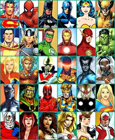 an image of many different superheros and villaines in the same square shape, all with