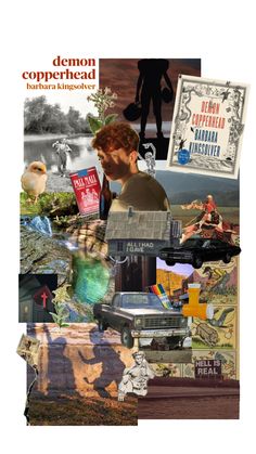 the collage shows many different things that are in this photo, including books and pictures