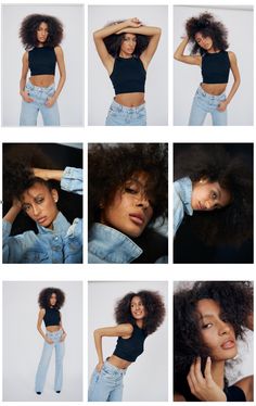 a collage of photos showing different types of woman's hair and clothes, from top to bottom