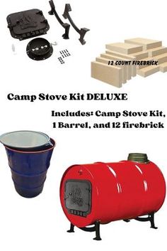 the camping stove kit deluxe includes an inflatable camp stove, 1 barrel and 12 fire bricks