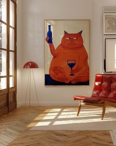 an orange cat with a glass of wine in it's hand hangs on the wall