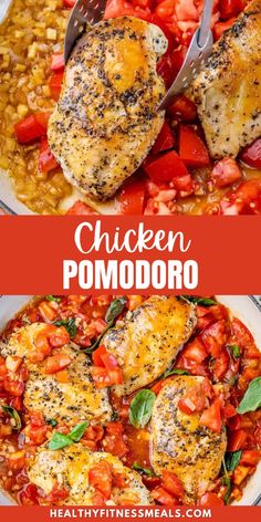 chicken pomodoro with tomatoes and spinach in a white bowl on top