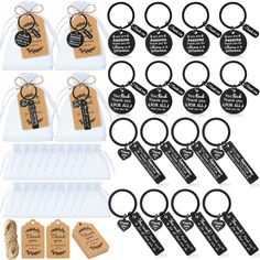 wedding favors and keychais are shown with tags, tags, and labels on them