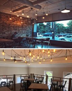 the inside and outside of a restaurant with lights hanging from the ceiling, tables in front of large windows