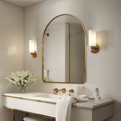 a bathroom with a sink, mirror and stool