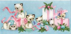 a painting of kittens and presents on a blue background with pink ribbon around them