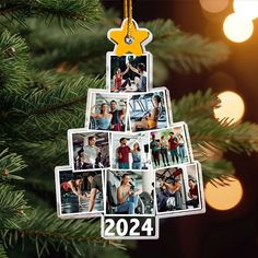 a christmas tree ornament with photos hanging from it