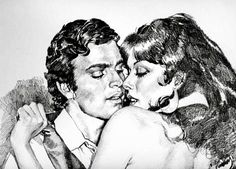 a pencil drawing of a couple kissing each other