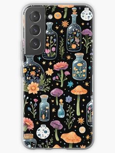 an iphone case with flowers, mushrooms and jars on black phone cases for samsung phones