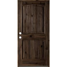 a wooden door with two round knobs on the front and side panels, in dark brown