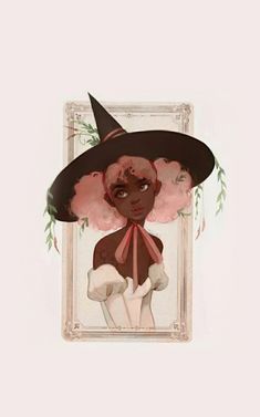 an instagramr with a drawing of a woman wearing a witches hat and pink hair