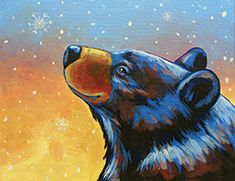 a painting of a bear with snowflakes in the background