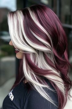 Hair Color Ideas For Extensions, Burgundy Under Blonde Hair, Chunky Blonde Highlights On Red Hair, Hair Color Inspo For Curly Hair, Short Blonde Hair With Red Highlights, Burgandy Hair With Blonde Highlights Red, Red Hair With Blonde Underneath Peekaboo Highlights, Red Hair White Highlights, Blonde Hair With Fun Colors