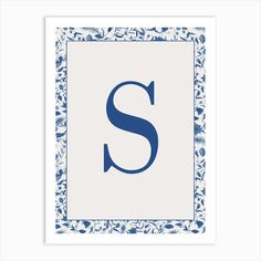 a blue and white frame with the letter s in it's center, surrounded by flowers