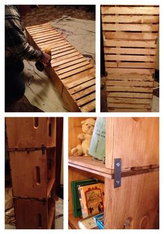 four different pictures showing the process of making a wooden crate