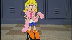 a cartoon girl with blonde hair and glasses standing in front of lockers wearing pink fur coat