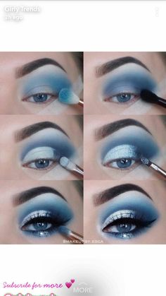 Light Blue Eyeshadow Looks Step By Step, Blaues Make Up, Blue Hair Costume Ideas, Ice Blue Makeup, Vintage Makeup Ideas, Blue Fairy Makeup, Icy Blue Eyeshadow, Makeup Bleu, Blue Eyeshadow Tutorial