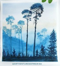 a watercolor painting of trees and fog in the woods with text that reads adventures of marrisa