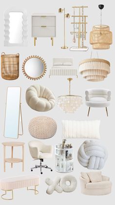 an assortment of white furniture and mirrors