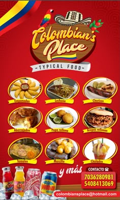 an advertisement for colombia's place with different foods and drinks on the front page