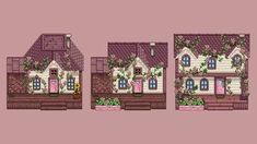 three pixel houses are shown in different stages of being painted pink and blue, with green plants growing on the windows