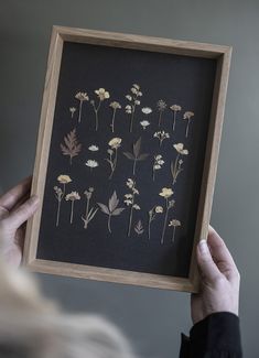 a person holding up a framed photo with pressed flowers