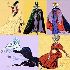 four different colored images of women dressed in disney princess costumes, from the 1950's to the 1960s's