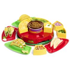 a red and green tray with food on top of it, including tortillas