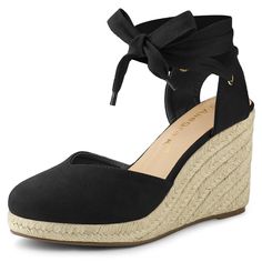 This espadrilles lace up wedges heel sandals have faux suede upper and wedge heel to add a touch of style to your everyday look. Perfect for going to work or going out. Pair with your favorite dress, skirts, or shoes for a chic look.Espadrille Lace-up Wedges Heel Sandals.Platform Wedge Shoes.Espadrilles Wedge.Closed Toe Wedges.Tie Up Sandal.Vamp: Faux Suede; Outsole: EVA, TPR; Heel: EVA, TPR.Heel Height: 3 7/8 inches.Platform Height: 1 inch. Size: 9. Color: black. Gender: female. Age Group: adul Little Black Dress Wedges, Luxury Closed Toe Wedge Sandals For Party, Luxury Closed Toe Wedge Sandals For Spring, Cheap Closed Toe Wedge Sandals For Women, Black Wedges Heels, Lace Up Espadrille Wedges, Closed Toe Wedges, Tie Up Sandals, Platform Wedges Shoes