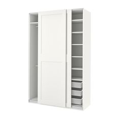 a white closet with two doors and drawers