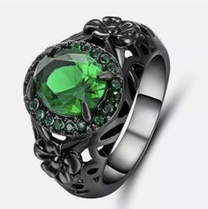 Brand New Oversized Emerald Black Gold Filled Rhodium Ring. Makes An Excellent Gift. Black Gold Ring, Green Emerald Ring, Green Rings, Jewelry Blue, Anniversary Jewelry, Gold Filled Ring, 7 Rings, Ring Color, Crystal Wedding