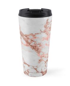 a white and pink marble travel mug with rose gold foil on the lid, sitting against a white background